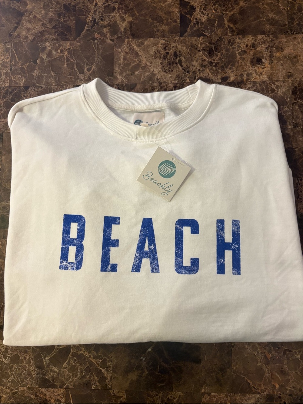 Women's White Crewneck Sweatshirt with Blue 'BEACH' Print